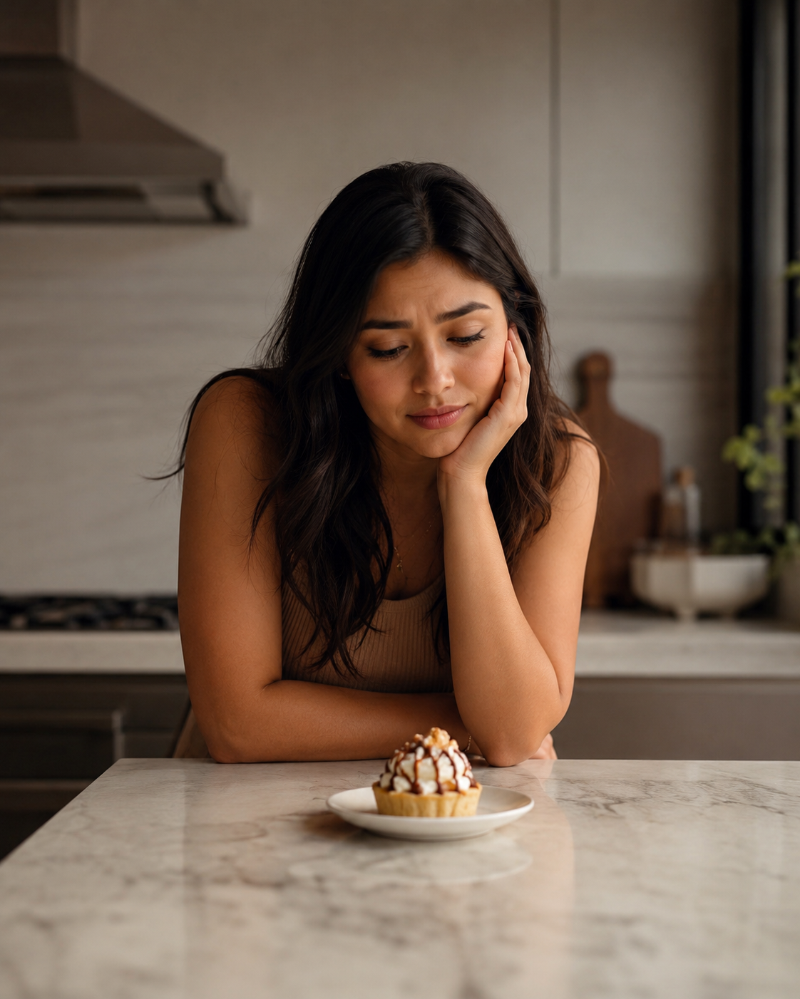 Mujer pensativa frente a un postre