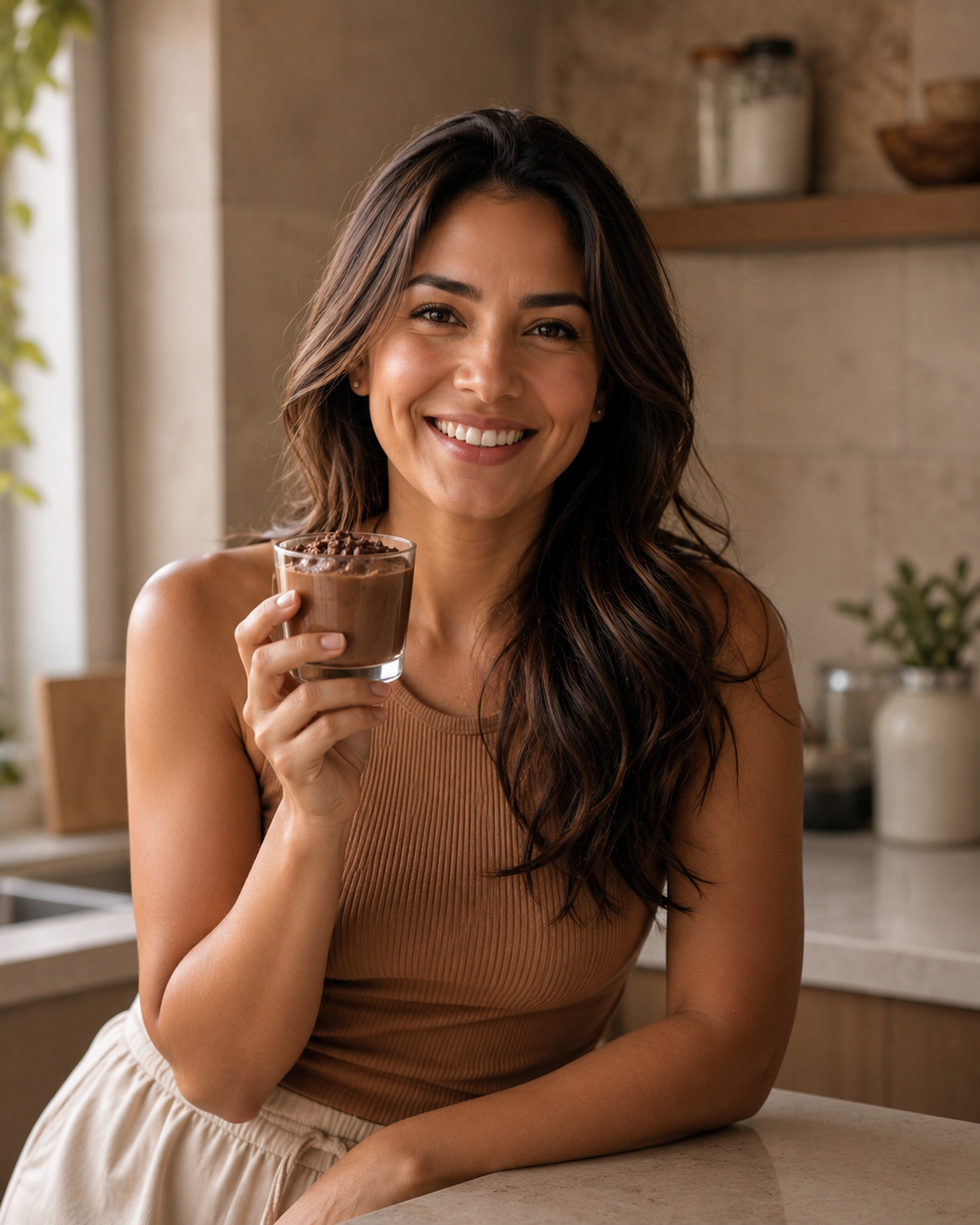 Mujer feliz disfrutando un postre saludable